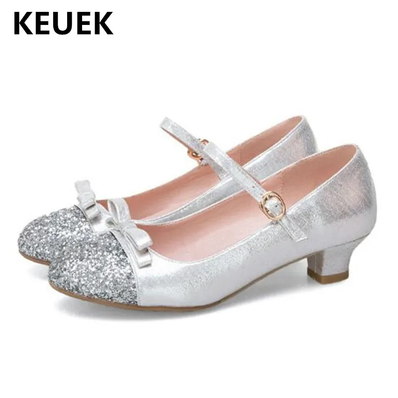 

New Children Leather Shoes Girls Princess High-heeled Silver Performance Dance Shoes Student Baby Kids Moccasins 041