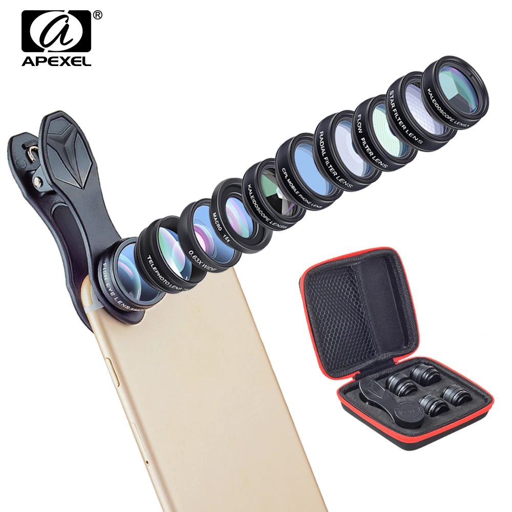 

APEXEL 10in1 Phone Camera Lens Kit 2X Telescope Fish eye Wide Angle macro Lentes For iphone 6s 7 8 X Xiaomi Samsung Smartphones