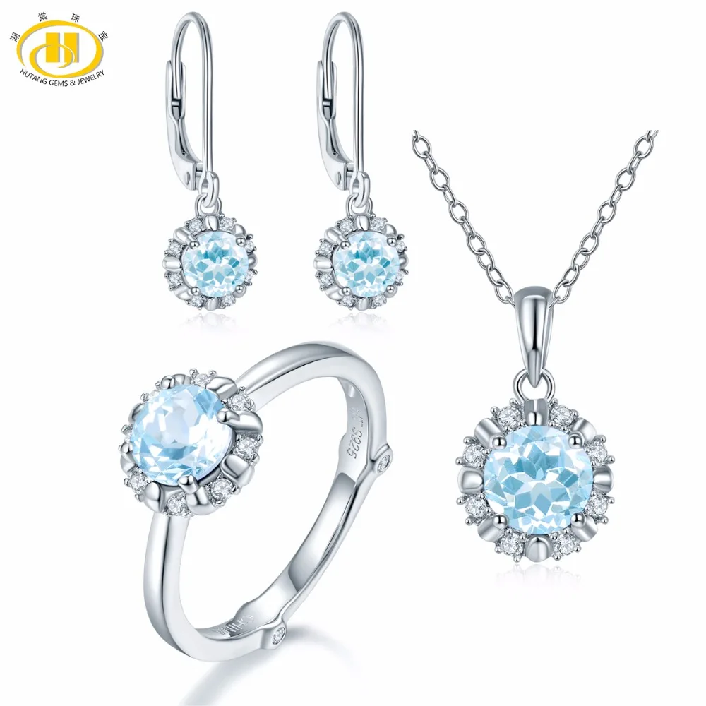 

Hutang Natural March Birthstone Aquamarine Solid 925 Sterling Silver Ring Pendant Earrings Gemstone Jewelry Sets Presents Gift