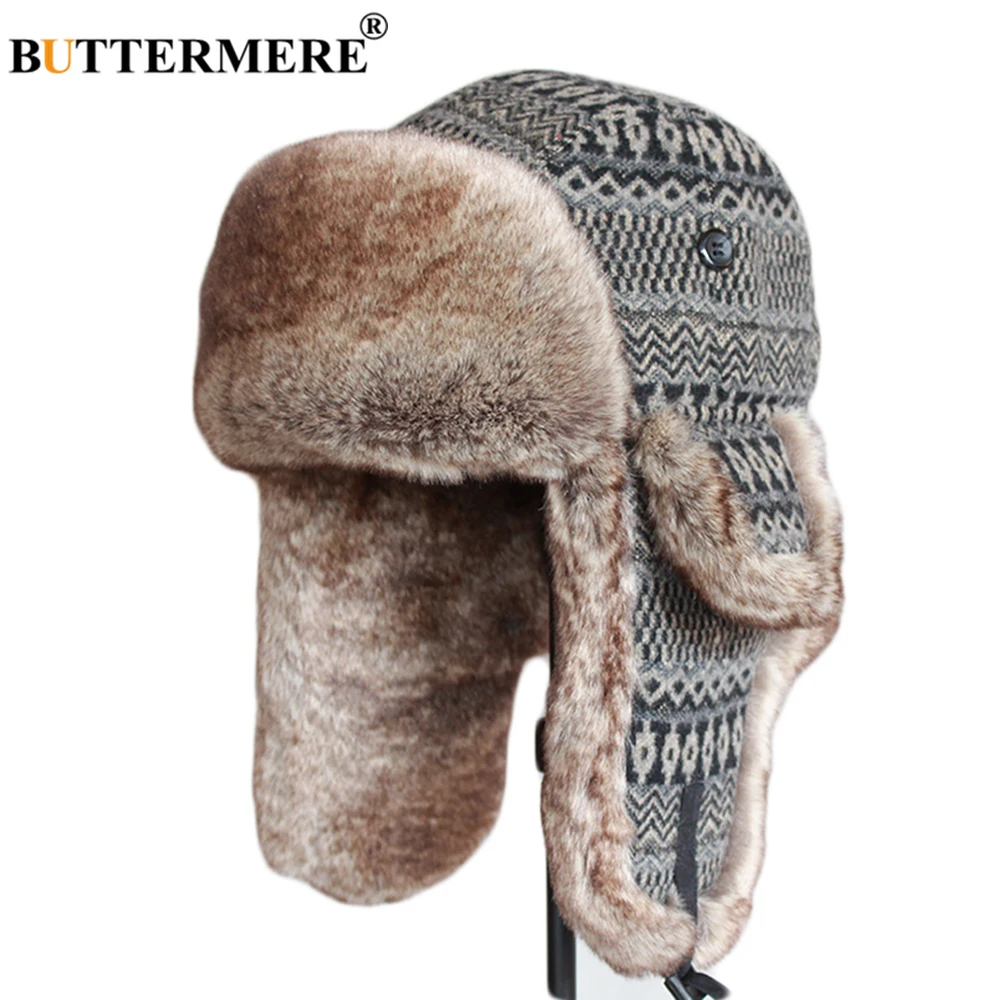 

BUTTERMERE Men's Bomber Hat Grey Knitted Fur Cap Women Winter Outdoor Ear Flaps Thicker Russian Uahanka Pilot Hats And Caps