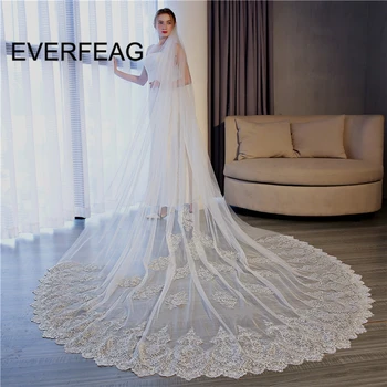 

3.5 meter Ivory cathedral Wedding Veils long One Layer Lace Edge Bridal Veil with Comb Appliqued Mantilla Wedding Accessories