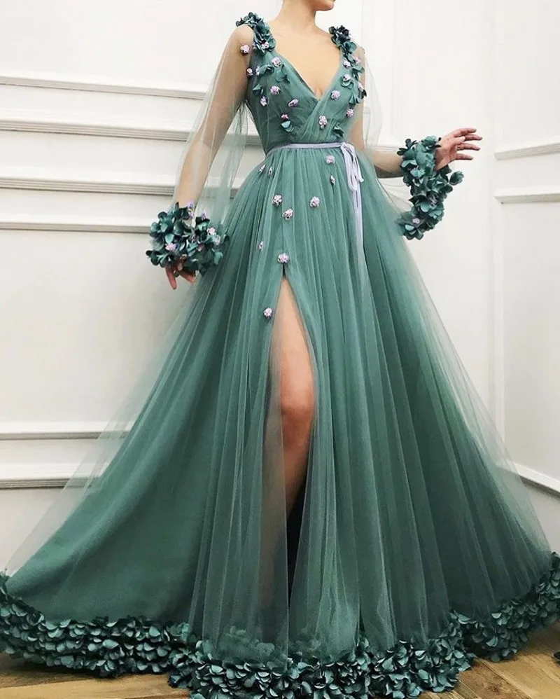 

Deep V-Neck Long Sleeves A-Line Side Slit Hand Made Flower Petal Soft Tulle Prom Dresses Long Crystal Party Gowns For Prom