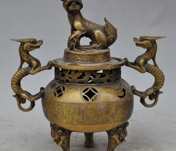 

mark old china fengshui bronze dragon foo dog lion statue incense burner Censer
