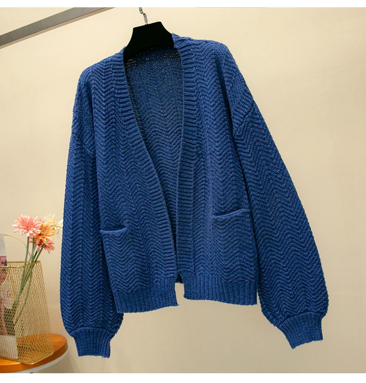 Повседневный вязаный свитер для девочек, Осенний корейский женский тонкий однотонный дизайнерский кардиган с карманами, цвета хаки, белый, синий, коричневый