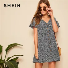 SHEIN женское богемное платье с рюшами и заниженной талией, на пуговицах, с цветочным рисунком, женское пляжное Повседневное платье с v-образным вырезом, с коротким рукавом, свободное мини-платье