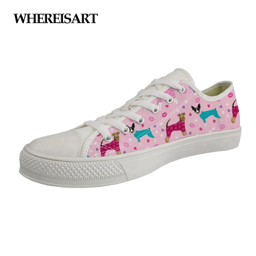 

WHEREISART Classic Low Top Vulcanize Shoes Women Lace-up Canvas Shoes Cute Cartoon Fox Terrier Print Breathable Flats Sneakers