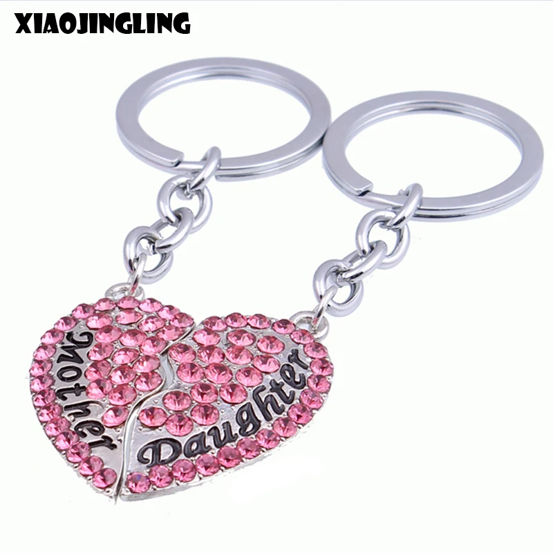 

XIAOJINGLING 2Pcs Broken Heart Mother Daughter Love Crystal Rhinestone Charm Pendant Keychain Bag Key Ring for Women Jewelry