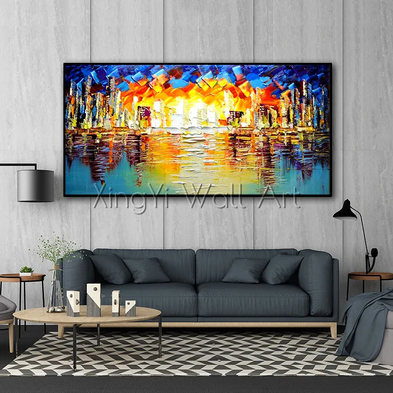 

Abstract cityscape oil painting on canvas wall art pictures for living room home wall decor acrylic thick texture quadros caudro