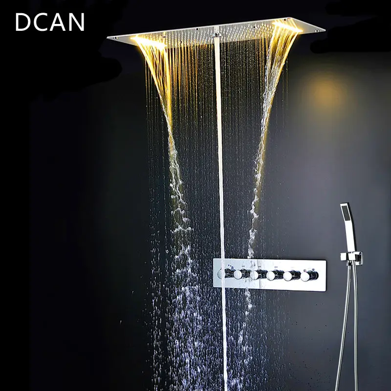 Preise DCAN Multifunktions Bad Dusche Sets Luxus SUS304 Thermostat Mischer Wasserfall Niederschläge SPA Decke Große Regen Führte Dusche Set