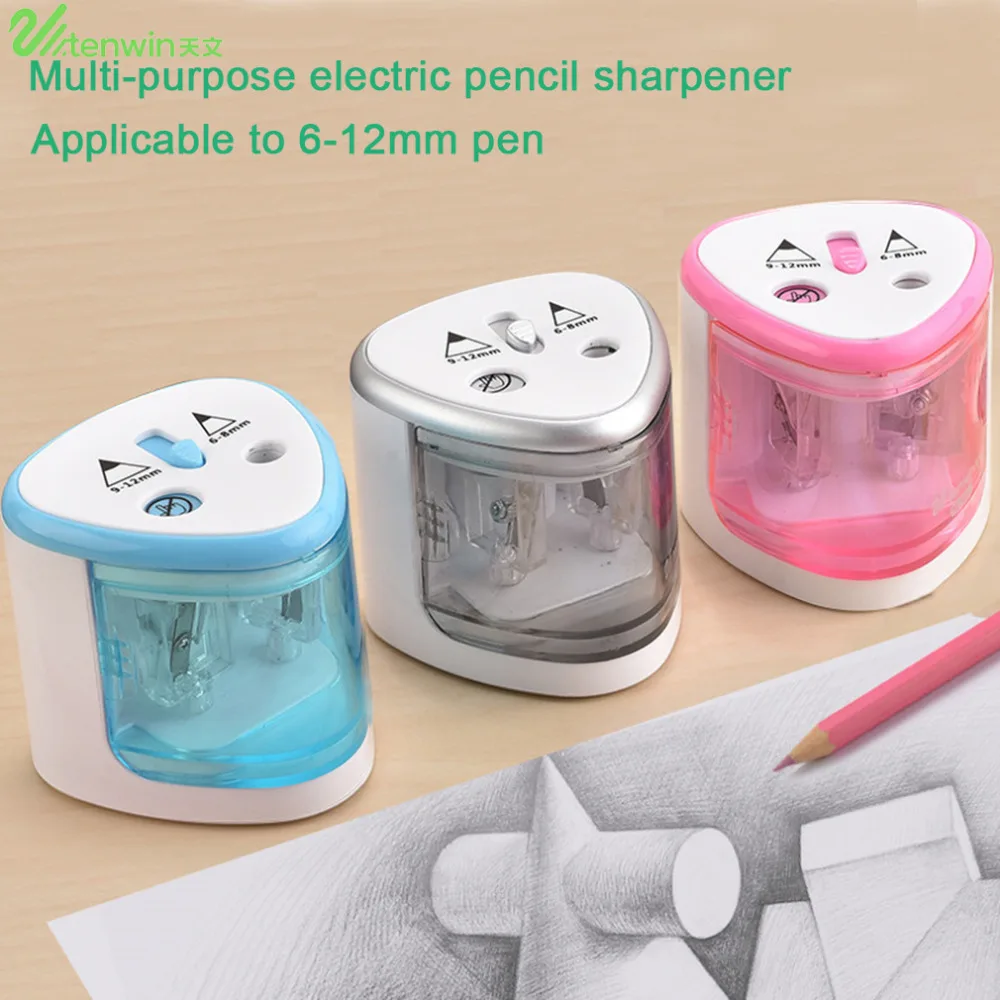 TENWIN 3 Color 2 Double Holes Sacapuntas Automatic Electric Pencil Sharpener Home School Office Desktop Students Supplies
