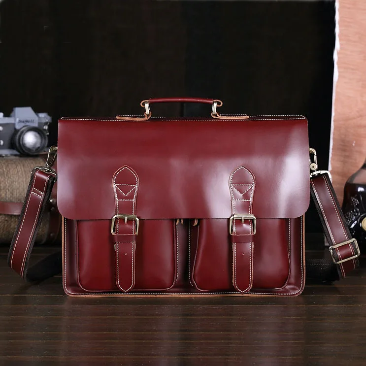 Men Polished Genuine Leather Messenger Shoulder Bag Handmade Vintage Laptop Briefcase Large Capacity Crossbody Tote Bag 8079