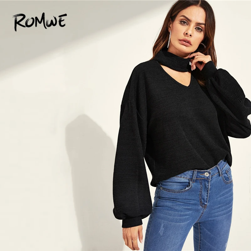  ROMWE Choker Neck Bishop Sleeve Pullover 2019 Black Fashion Women Spring Autumn Sweatshirt Stylish 