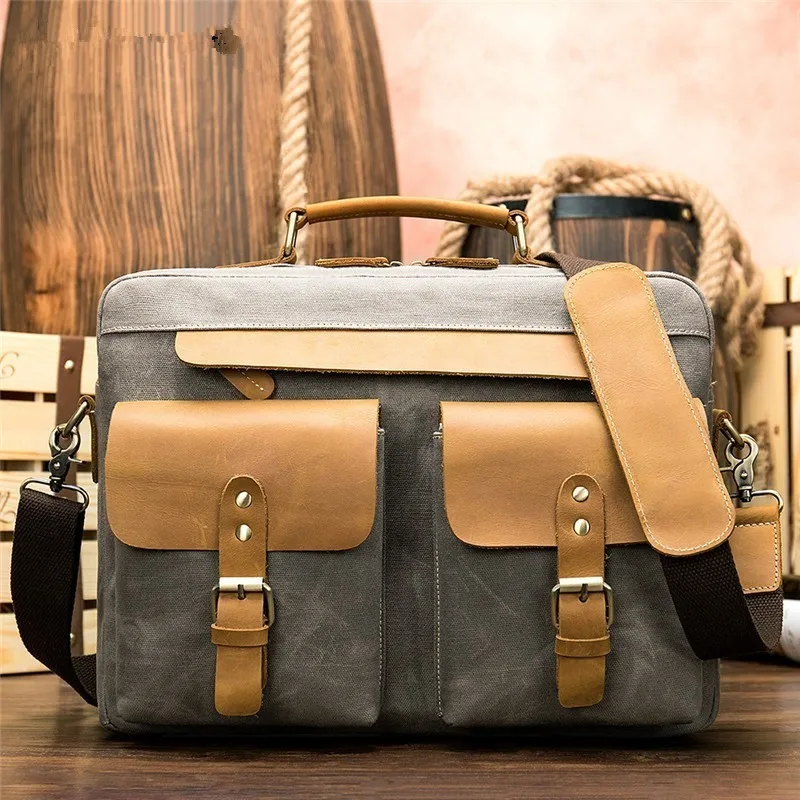 

2019 Men Bag Large Casual Business Laptop Pocket Canvas Leather Briefcase Travel Suitcase Messenger Shoulder Tote Back Handbag