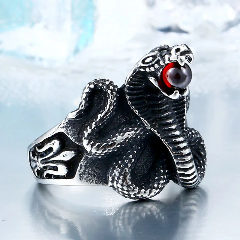 BEIER Cobra Red Stone Snake Ring Factory Price Stainless Titanium Steel Punk Heavy Metal Animal Jewelry BR8-216