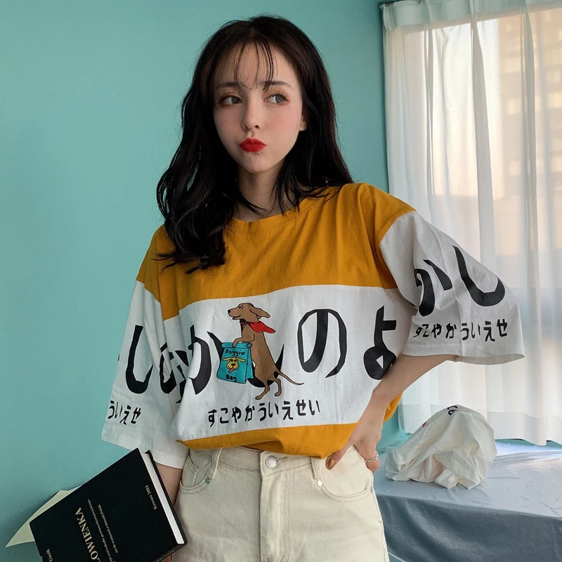 Ulzzang, летние милые японские топы с рисунками из мультфильмов, новинка, Harajuku, женская, три четверти, Корея, большой размер, свободная, повседневная, забавная, хлопковая футболка