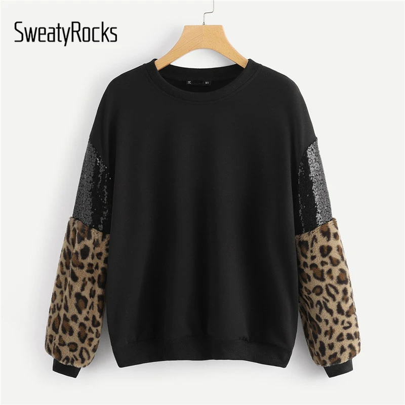 SweatyRocks الأسود التباين الترتر ليوبارد السترة طويلة الأكمام س الرقبة البلوز قمم 2018 الخريف أزياء المرأة عارضة سوياتشيرتس SweatyRocks الأسود التباين الترتر ليوبارد السترة طويلة الأكمام س الرقبة البلوز قمم 2018 الخريف أزياء المرأة عارضة سوياتشيرتس
