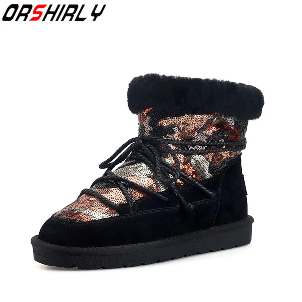 

Orshirly Cow suede women snow boots warm wool fur winter high quality round toe falt with comfortable handmade for ladies