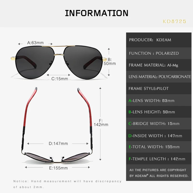 KDEAM 63 мм Пилот мужские солнцезащитные очки поляризационные уличные солнцезащитные очки для вождения из нержавеющей стали Пружинные петли включают полный пакет