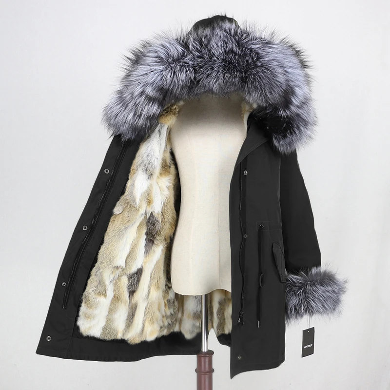 OFTBUY Long Waterproof Parka Real Fur Coat Natural Fur Collar Hood Winter Jacket Women Rabbit Fur Liner Thick Warm Detachable - Цвет: black silver