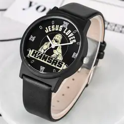 Для мужчин кварцевые наручные часы в классическом стиле Иисус любит серии Для мужчин s часы черный из искусственной кожи ремешок большой