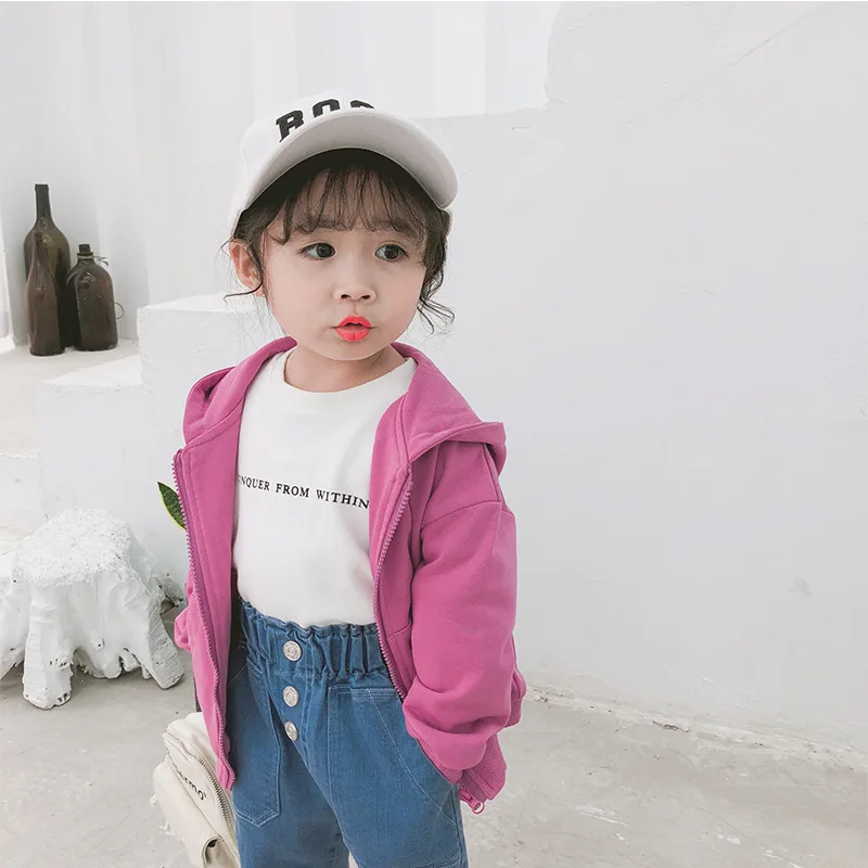 

2019 Spring New Arrival Korean Version cotton pure color all-match hooded knitted jacket for fashion cute baby girls and boys