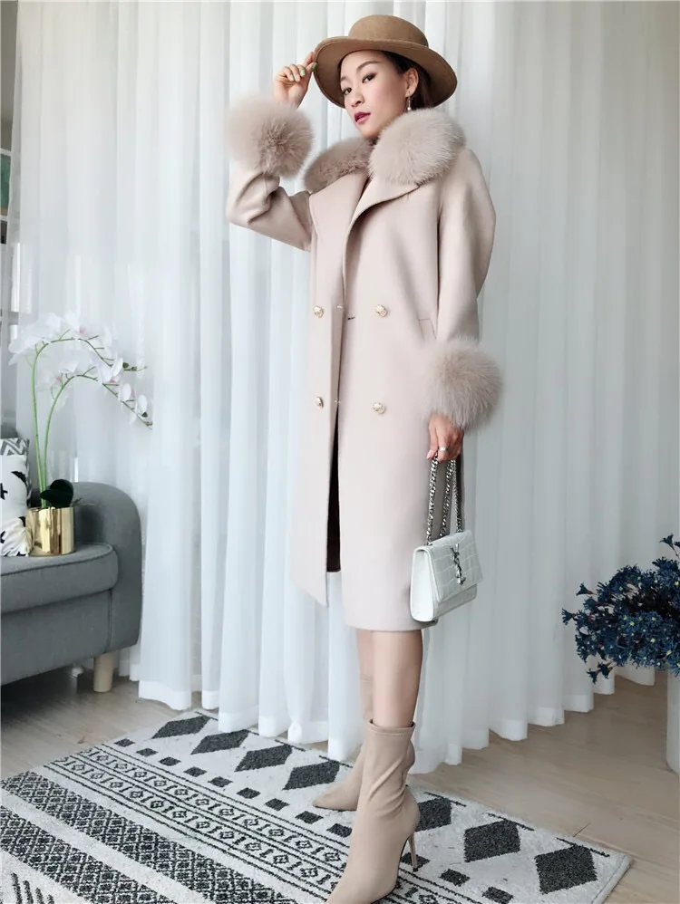 Для женщин кашемировое пальто с натуральным лисьим меховой воротник шерстяная куртка с поясом зима-осень тонкий леди длинные пальто Для женщин Шерстяное пальто