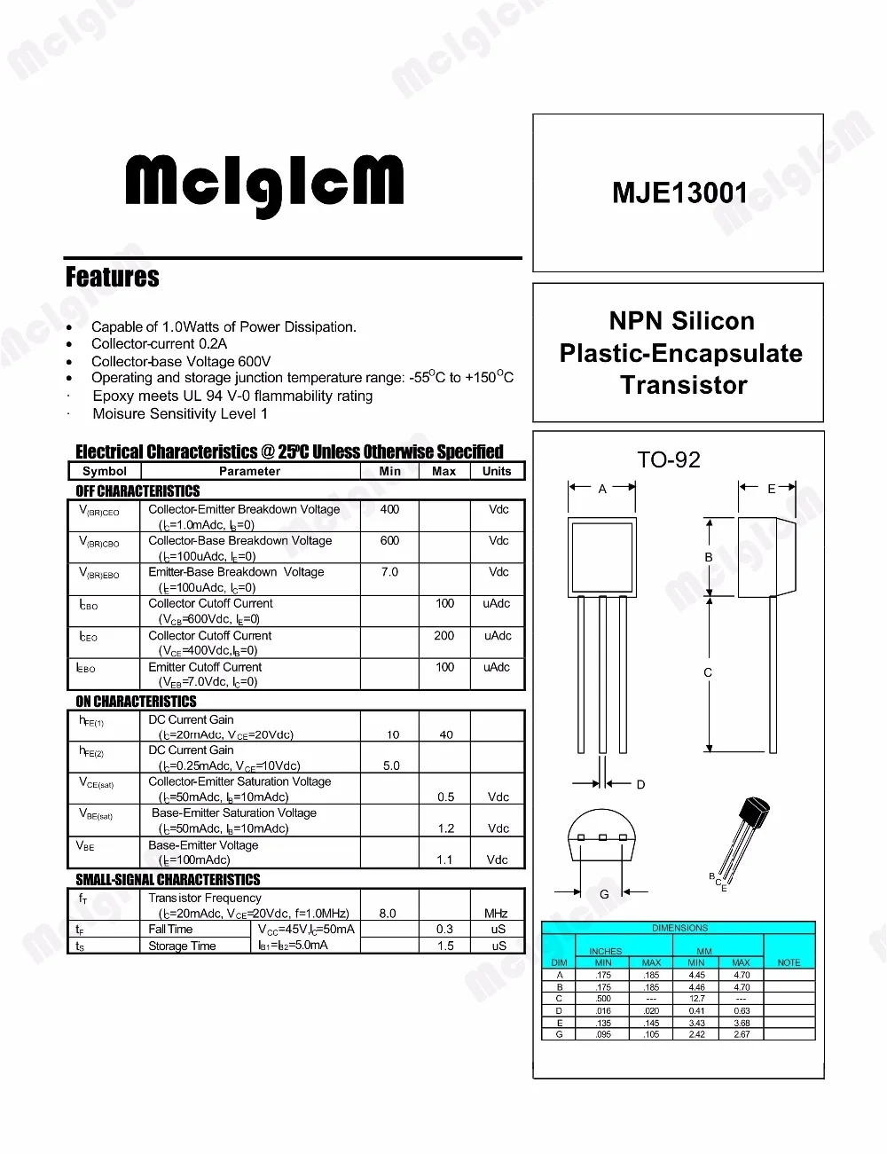 MCIGICM 5000 шт Линейный полупроводниковый Триод TO-92 0.2A 400 V NPN MJE13001