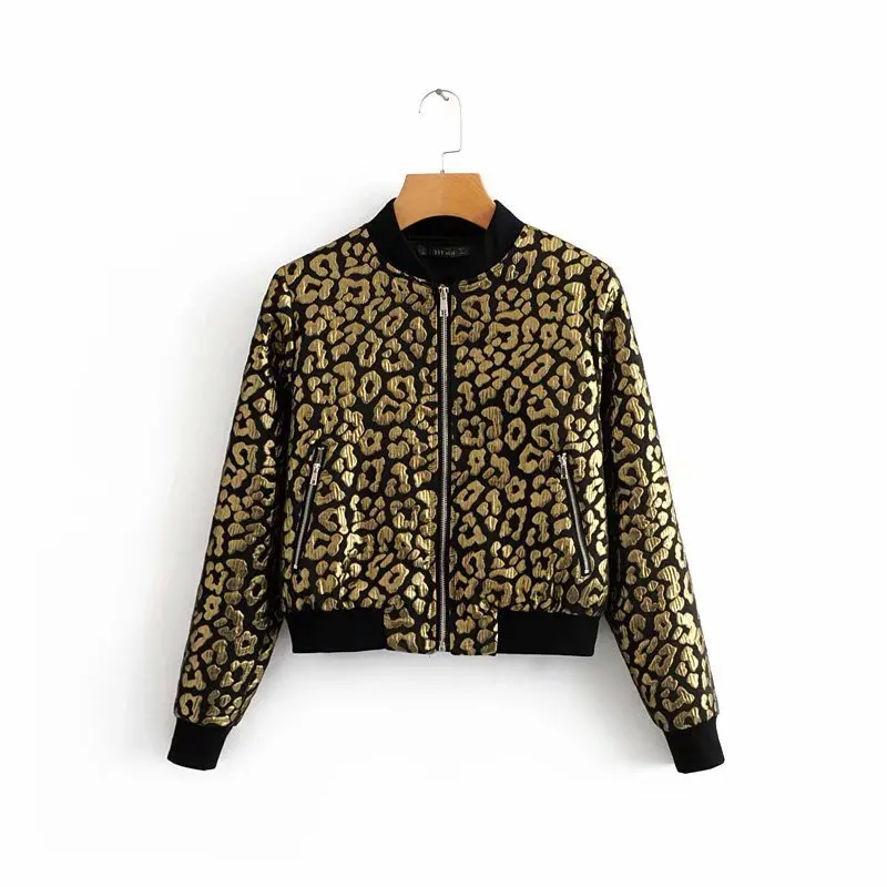 

Vintage Gold /Sliver Leopard Print Baseball Bomber Spliced Zipper Long Sleeve Jacket