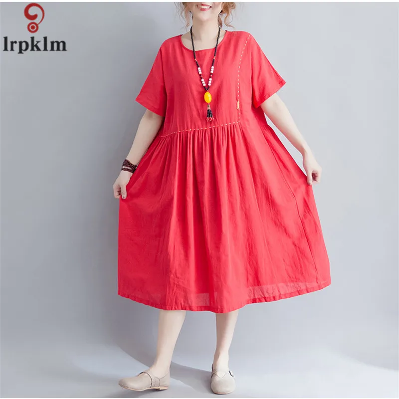 

Summer Long Dress Large Size Women Dress 2018 Cotton Casual Clothes For Women Fat Loose And Linen Embroidery Female Dress CH047