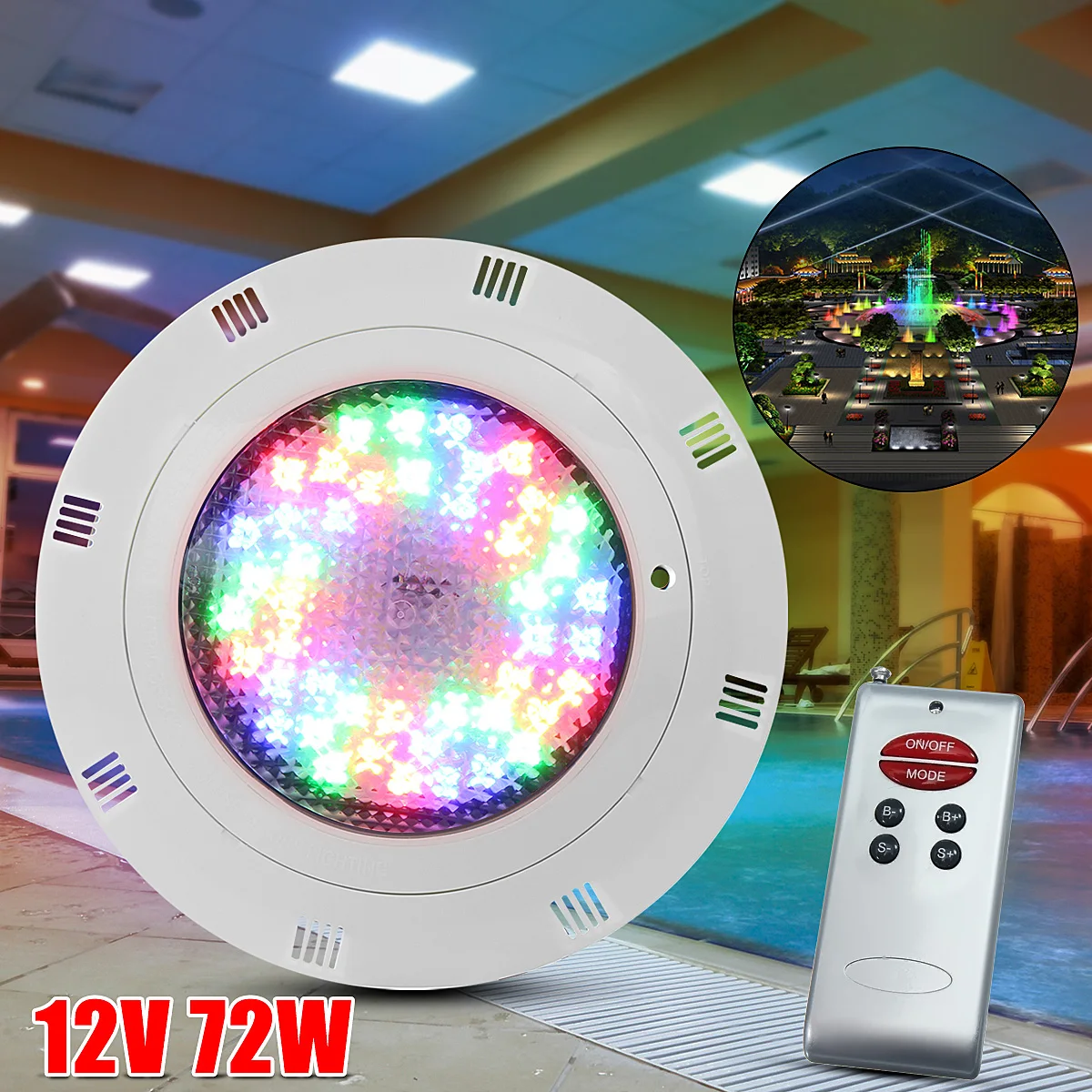 

New 12V 72W RGB 7 Color LED Swimming Pool IP68 Underwater Light Bright Wall Mounted Pond Lighting + Remote Control