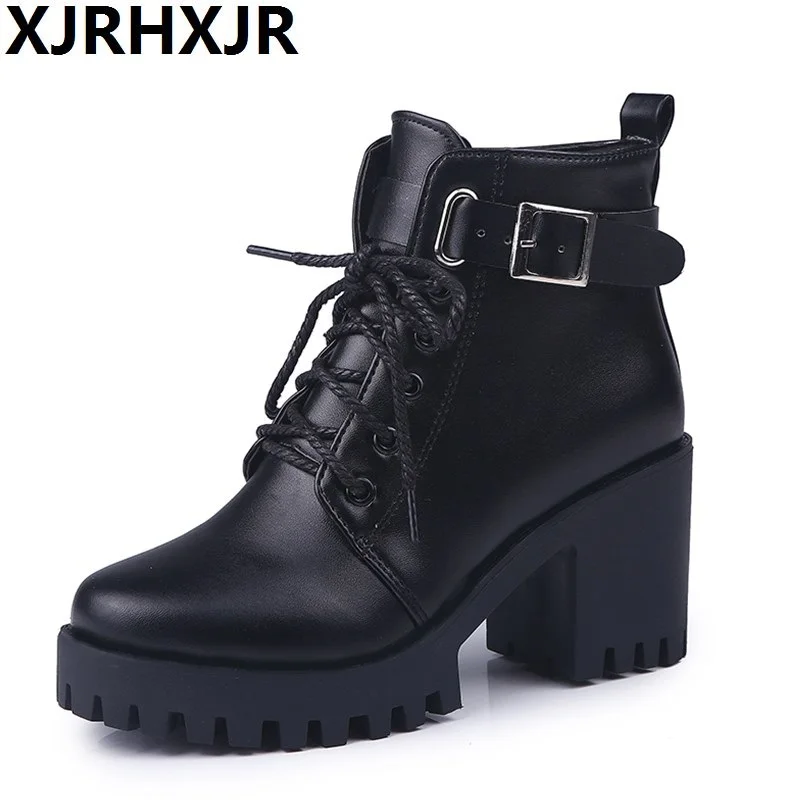 

XJRHXJR Brand High Heels Women Boots Platform Metal Buckle Shoes Woman Thick Heels Ankle Boots Fashion Shoes Footwear Size 35-39