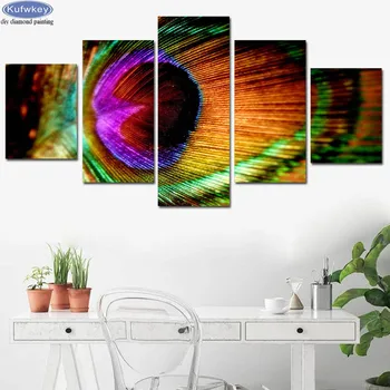 

full square/round diy Diamond painting 5 pcs Colorful Peacock Feather 3d cross stitch mosaic picture of rhinestones embroidery