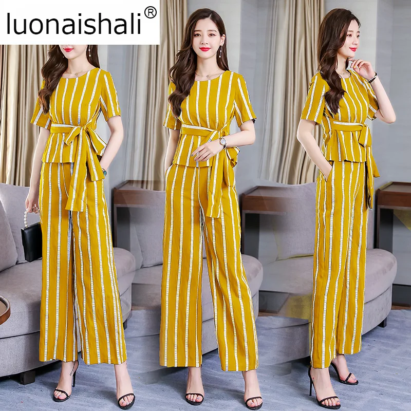 2019 Women Clothing Set Spring Summer Suit Striped Casual Shirt And Pant Womens Tracksuits 2 Piece With Sashes H412 | Женская одежда