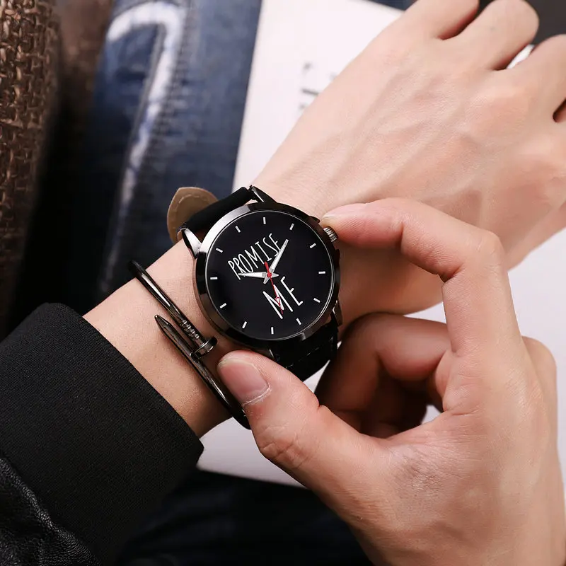 

2018 New Arrive Promise Me Design Simple Sport Style Blue Ray Shockproof Leather Wristwatches Watches for Men Male Women