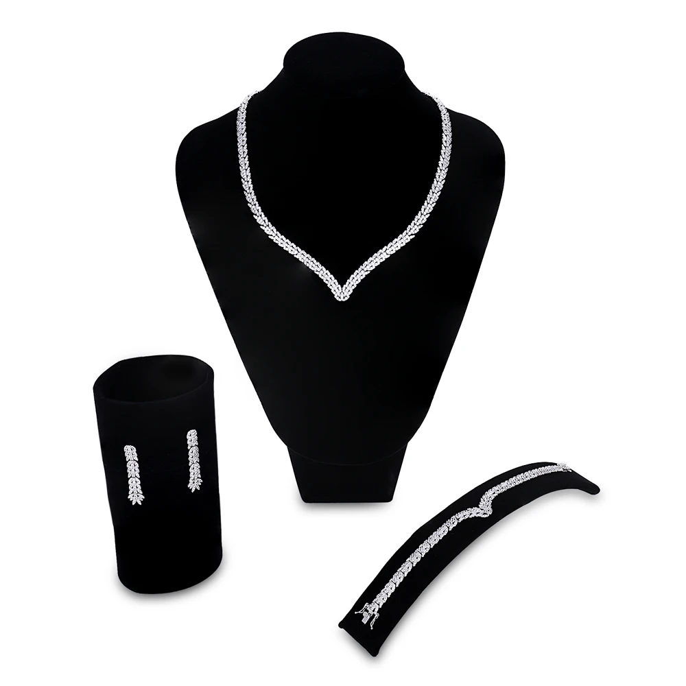 

Silver Color Bridal Jewelry Sets African 3 piece Suit Wedding Necklace Earrings Bracelet Sets Cubic Zirconia Free Give the Rings