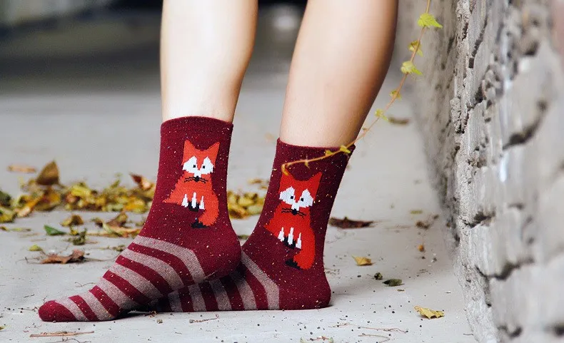 Весна Зима толстые шерстяные хлопковые спортивные носки для женщин Йога Лыжные носки для скейтбординга Harajuku животные волк рождественские носки женские