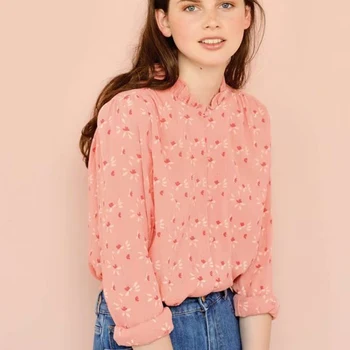 

Pink Women Long Sleeve Peter Pan Collar Floral Printed Shirt Top Sweet Style Women Casual Long Sleeve Top Shirt