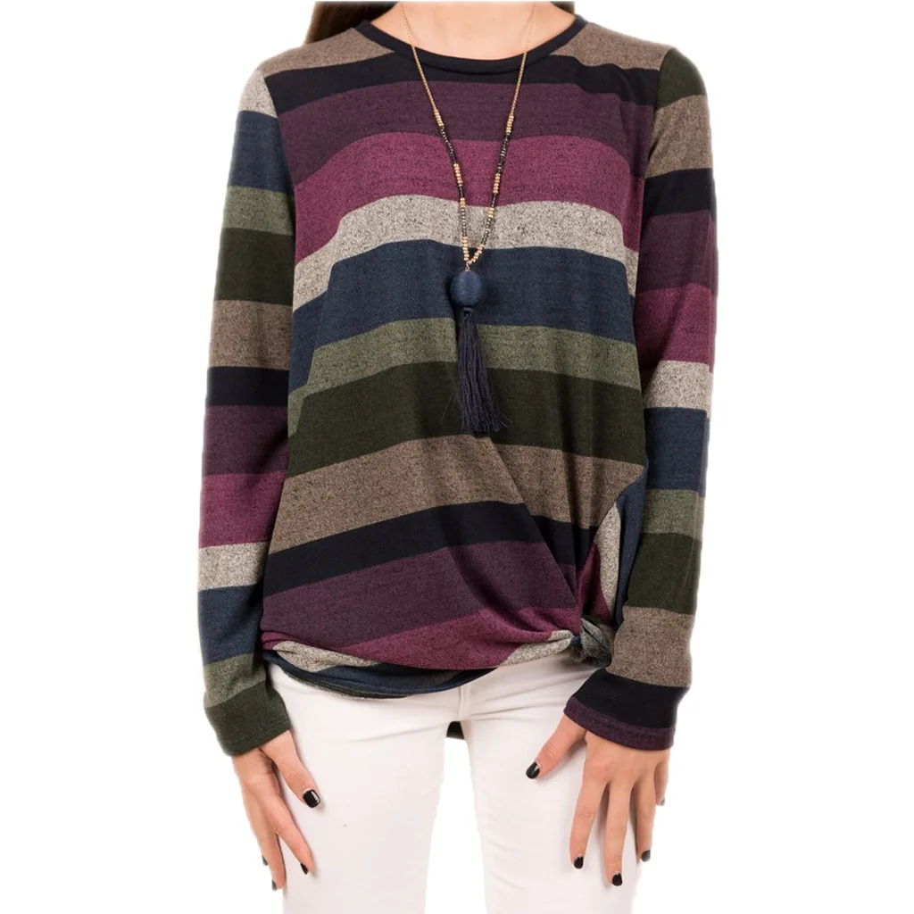 

Fashion Casual Striped O-Neck Spliced Patchwork Irregular Criss-Cross Loose Pullover Europe and American Style2