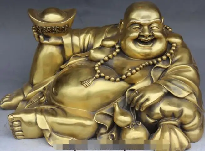 

S4281 Chinese Bronze Wealth Yuanbao Money Bag Happy Laugh Smile Maitreya Buddha Statue