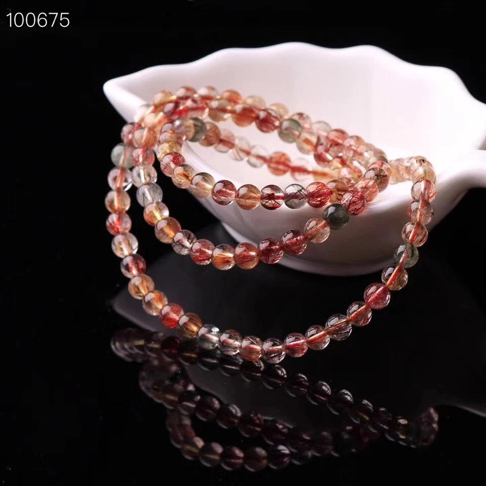 

Newly Natural Copper Rutilated Quartz Colorful Crystal Bracelet Women 3 Laps Round Beads Wealthy Stone Necklace 6mm 7mm AAAAA