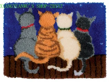 

XIANGYUANWU'S SHOP Four colorfully cat Hook Rug Kit DIY Mat Needlework Kit Unfinished Crocheting Rug Yarn MAT Embroidery Carpet