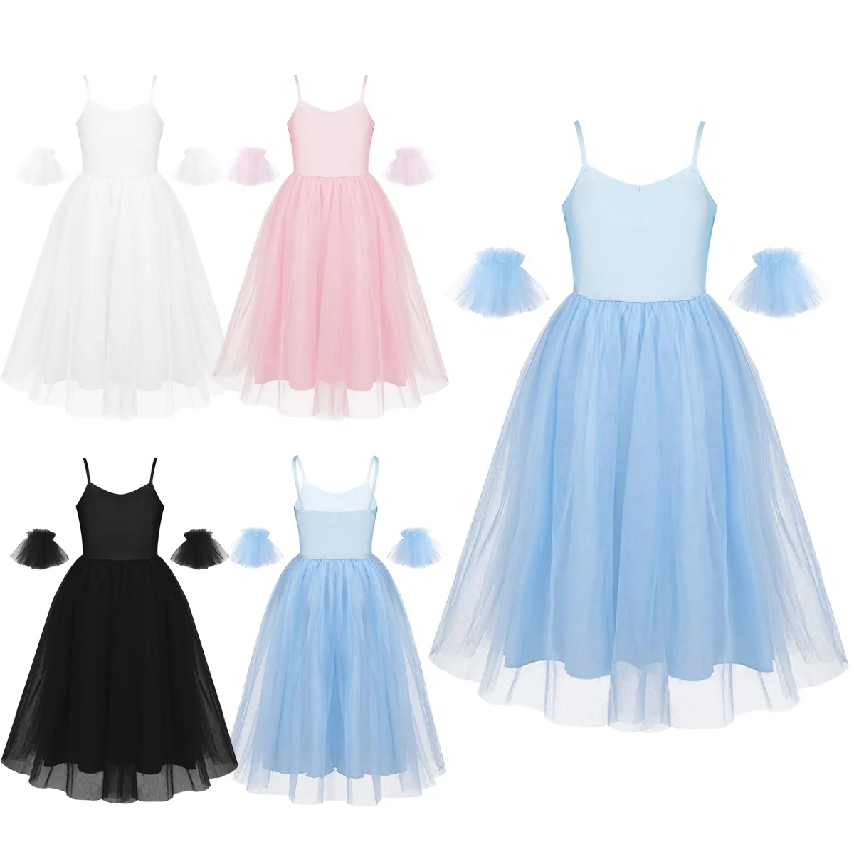 Billig Kinder Mädchen Ballerina Ballett Wettbewerb Romantische Stil Ballett Dance Kostüme Mesh Lange Tutu Kleid mit Rüschen Arm Ärmeln