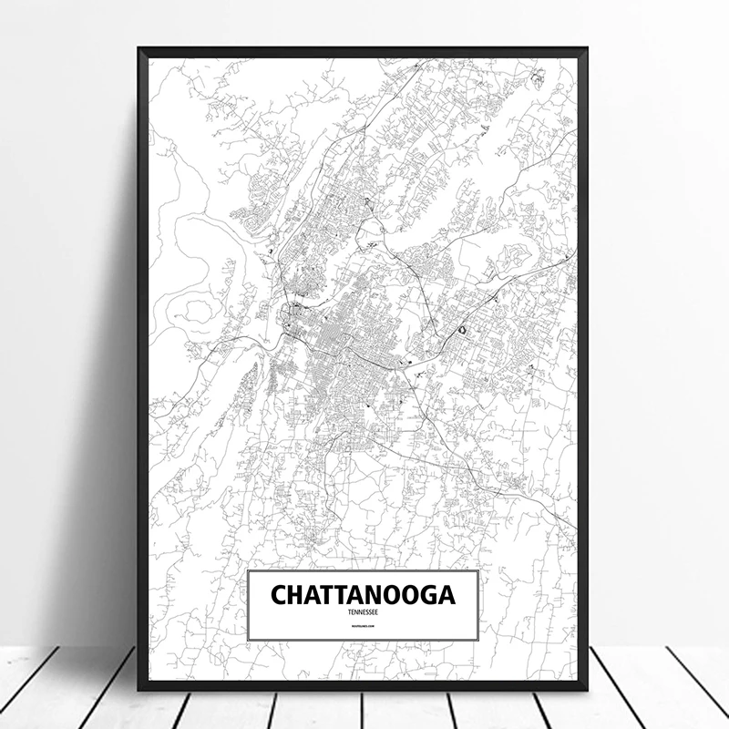 CHATTANOOGA, Теннесси, США Черный Белый пользовательский мир Карта города постер печать на холсте Стена в скандинавском стиле искусство