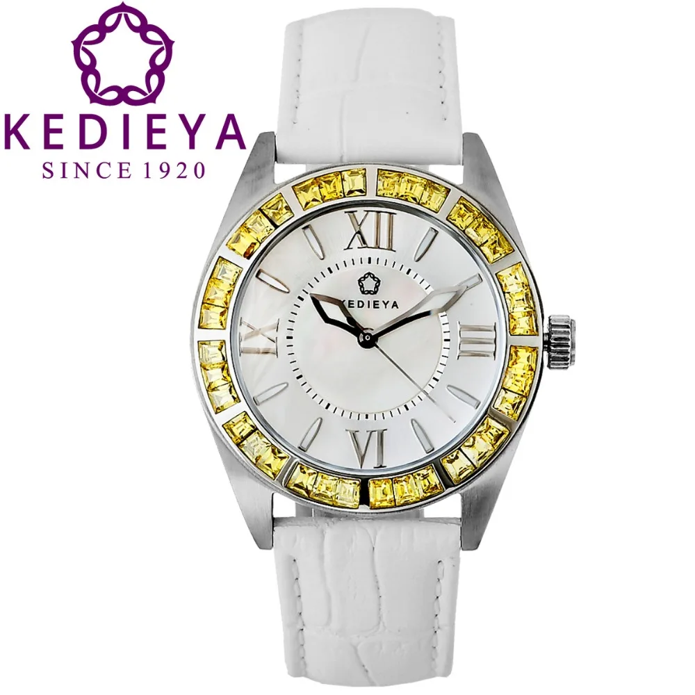 

KEDIEYA Brand Watches Women Zircon Diamond Pearl Dial Switzerland Ronda Quartz Watch Gifts Red White Black Leather Female Watch