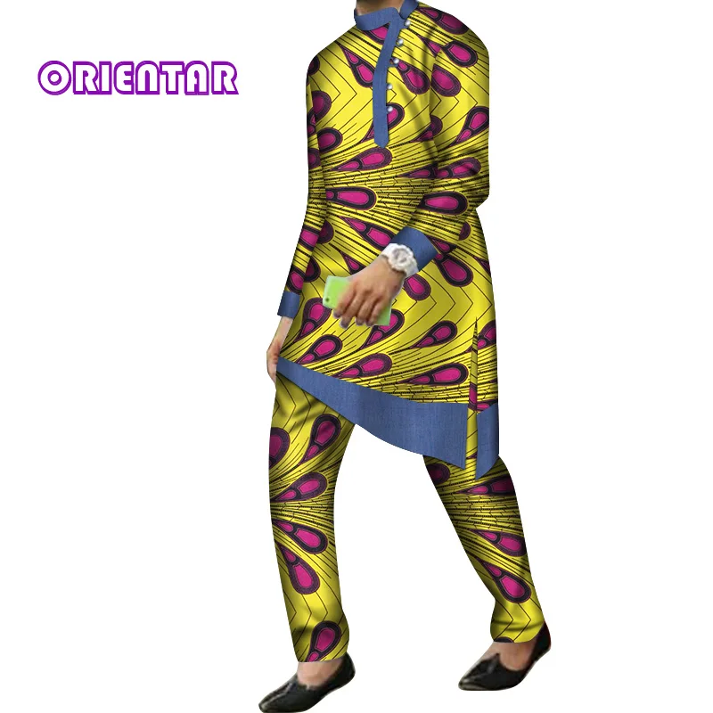 2 Pieces Set Men African Clothes Long Sleeve Shirt and Pants Traditional African Bazin Riche Print Dashiki Suit Trousers WYN844