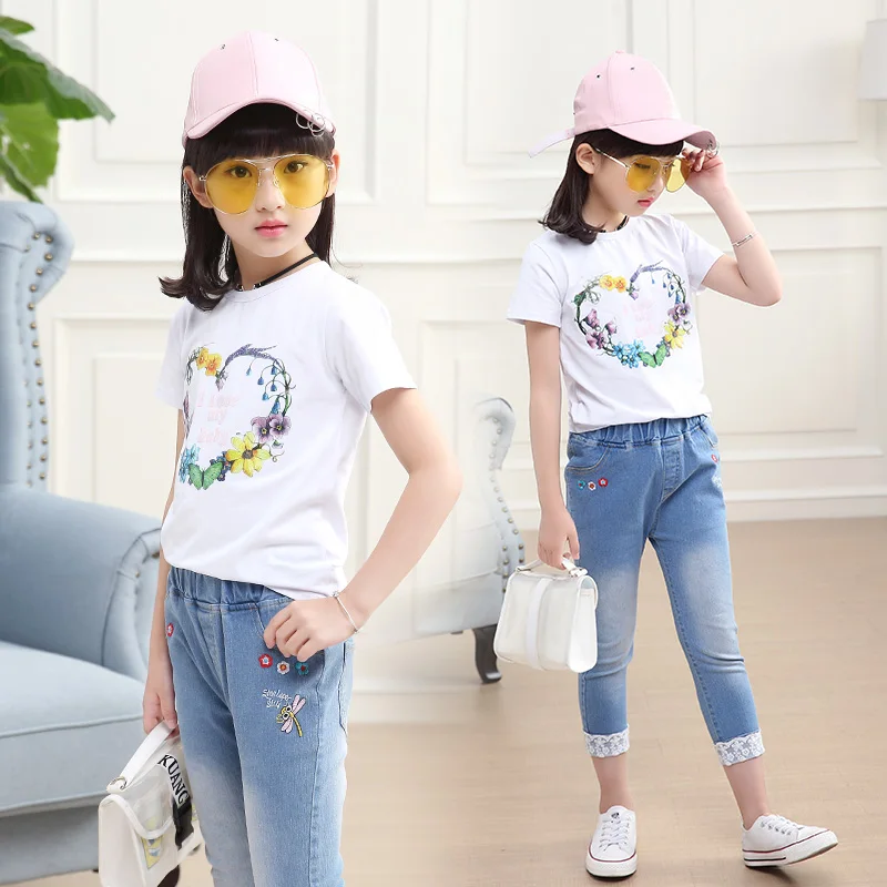 

Infant Floral Crop Tops+ Denim Long Pants Jean Toddler Kids Clothes Sets Baby Girls Clothing Sets High Quality DX03073
