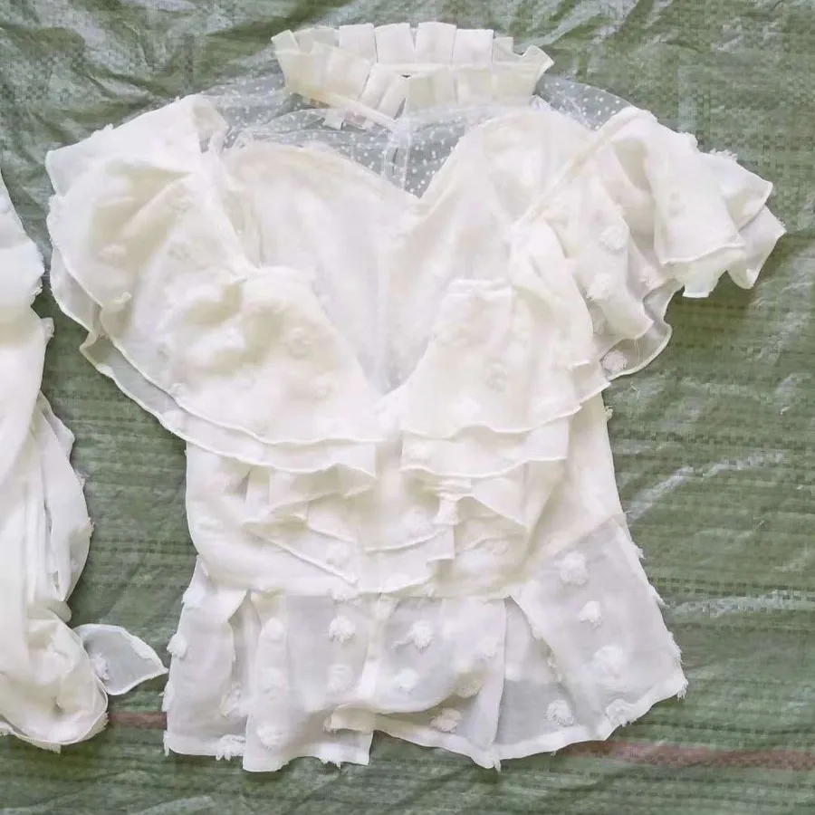 2018 Lace New Style Women White Blouse Shirt Fashion Perspective Dots Pattern Ruffled Sexy Shirt Top Long Sleeve Women Blouses