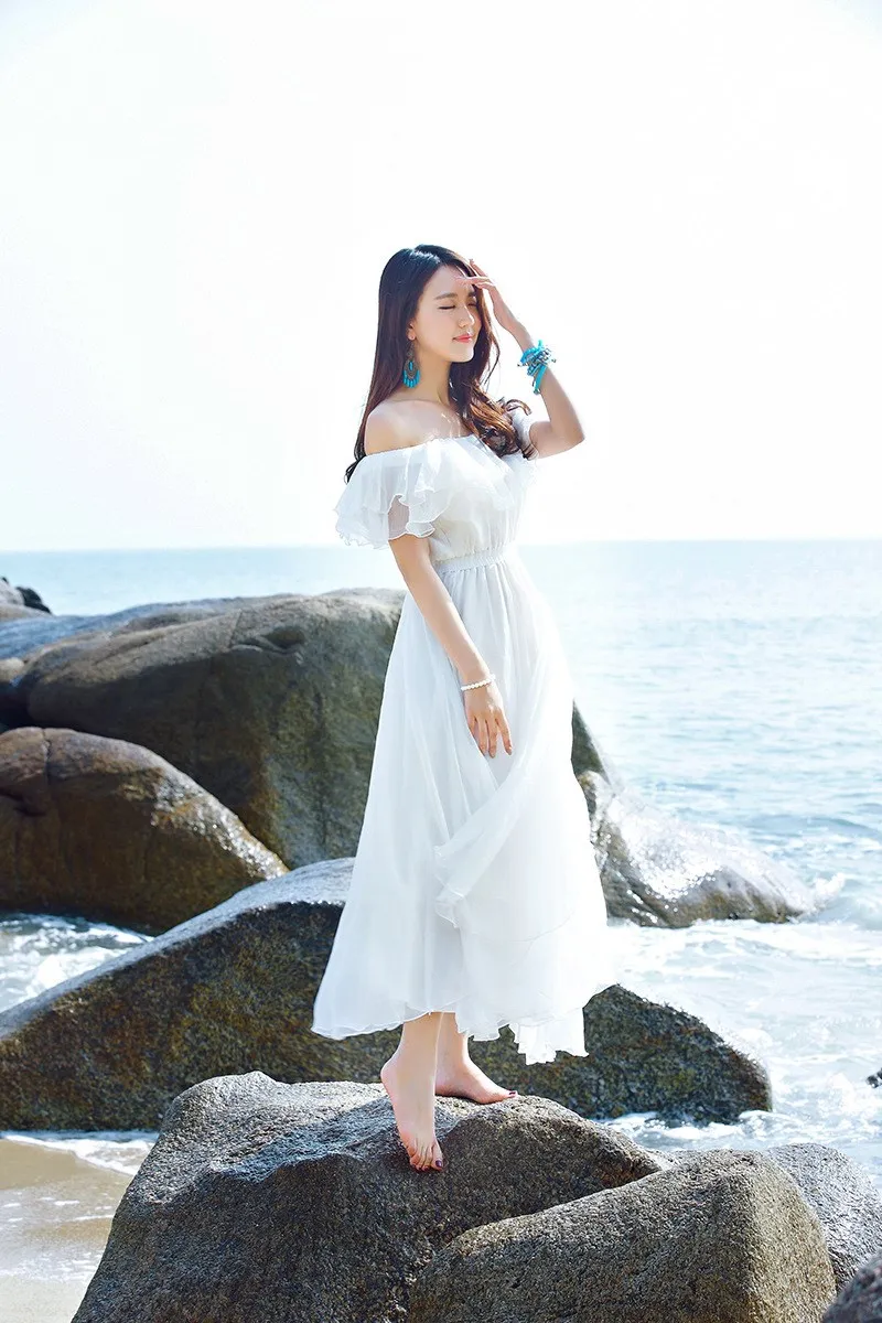 2019 الصيف النساء قبالة الكتف الشيفون فستان طويل حمالة القطع الرقبة الشاطئ فساتين المتتالية كشكش ماكسي اللباس