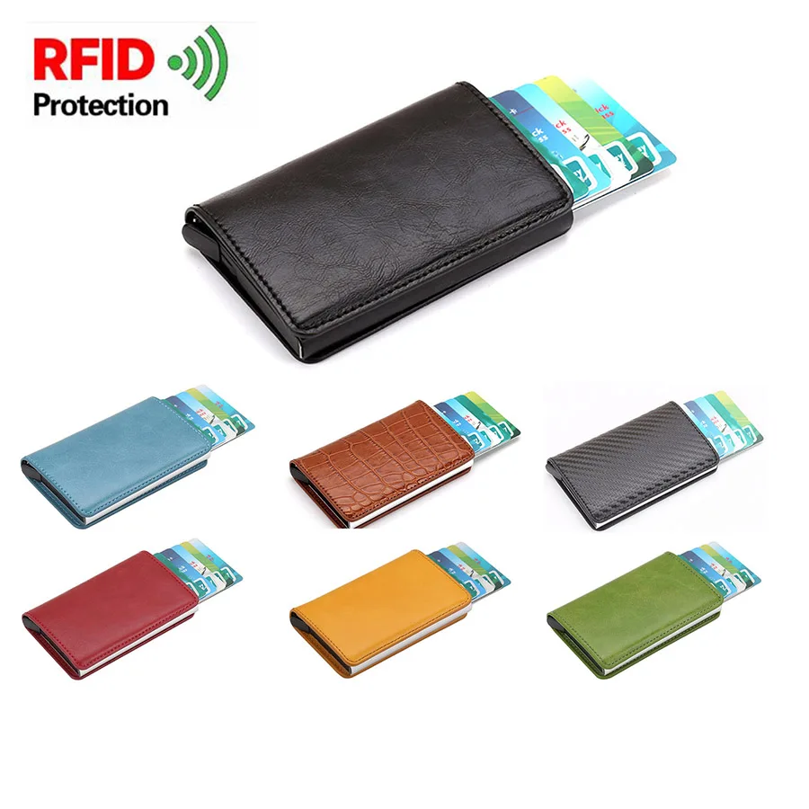 

Slim Thin Men Business Card Case Genuine Leather Rfid ID Credit Card Protector Automatically Eject Credit Holder Solid Color