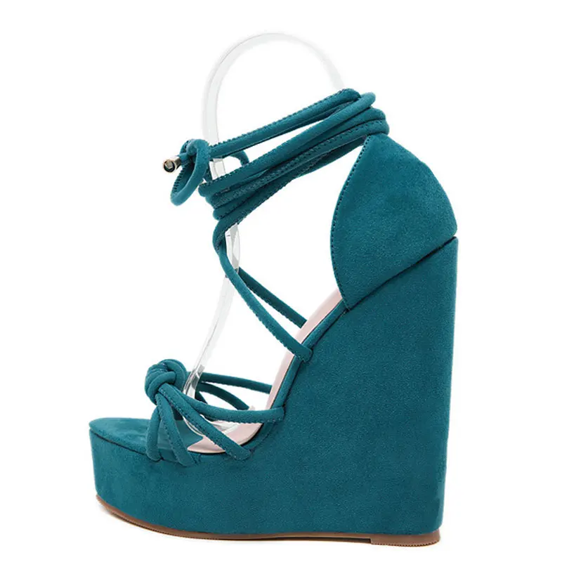 

GENSHUO Summer Women Platform Sandals Gladiator Fashion High heels Wedges Espadrilles shoes Ladies Open toe Sandals Blue Heels
